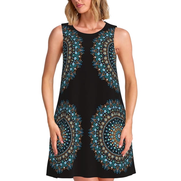 Fotbe Mandala Vestido de Verano sin Mangas para Mujer – Vestido Midi Línea A, Estilo Camiseta Floral, Vestido Playero Casual y Fluido