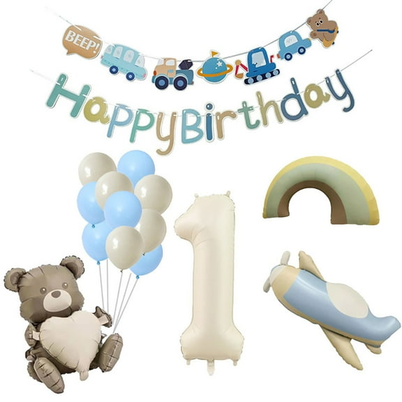 The birthday party balloon set includes number balloons, small bear balloons and airplane balloons.
