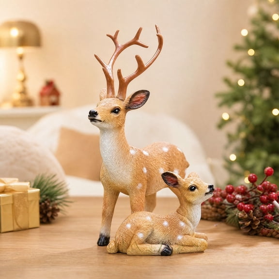 Eliaeconx Deer Figurines, 2-Piece Resin Spotted Deer Statue Set, Sika Deer Wildlife Sculptures for Garden, Patio, Yard, Tabletop, Indoor Outdoor Decor