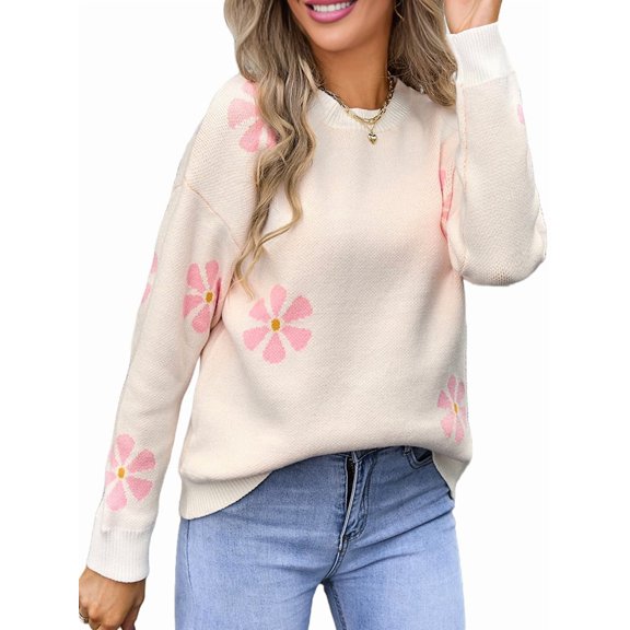 Womens Cute Flower Sweater Oversized Crewneck Knit Pullover Top Ribbed Knit Winter Outfits Jumper Tops White L