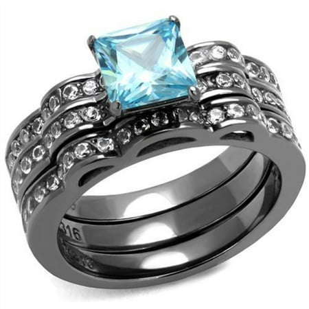 Luxe Jewelry Designs Set of 3 Women s Light Black IP Stainless Steel Wedding Ring with Sea Blue CZ