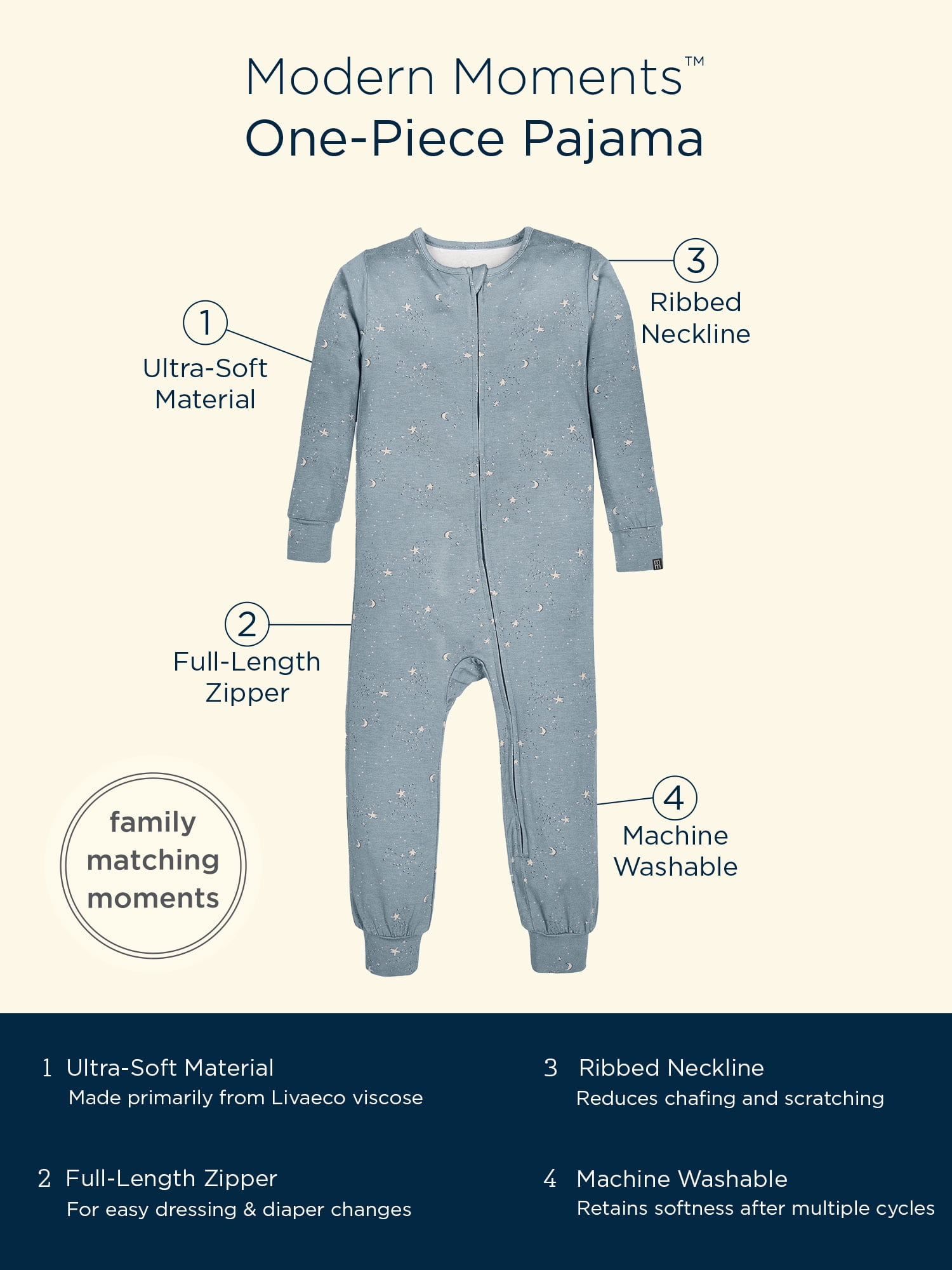 Modern Moments by Gerber Toddler Unisex Super Soft Livaeco Viscose One-Piece Pajama, Sizes 12M-5T
