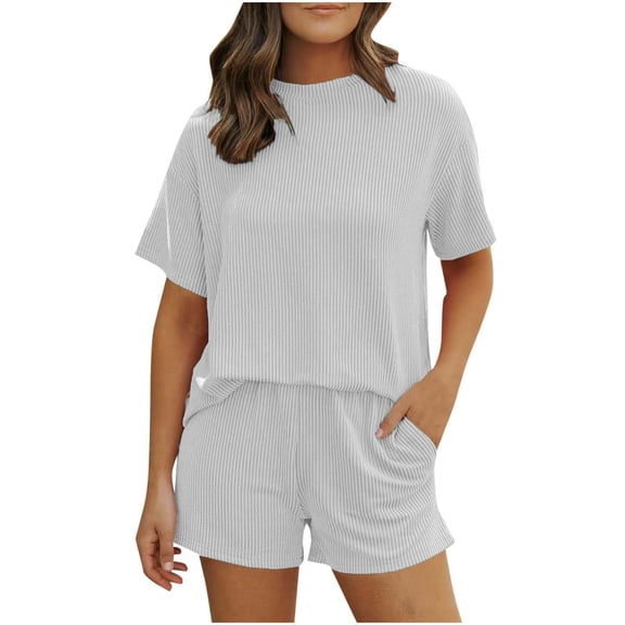 AHTJRT Women's 2 Piece Outfits Tracksuit Ribbed Loose Fit Lounge Pajama Shorts Set with Pockets Short Sleeve Beach Summer Matching Sets White XXL