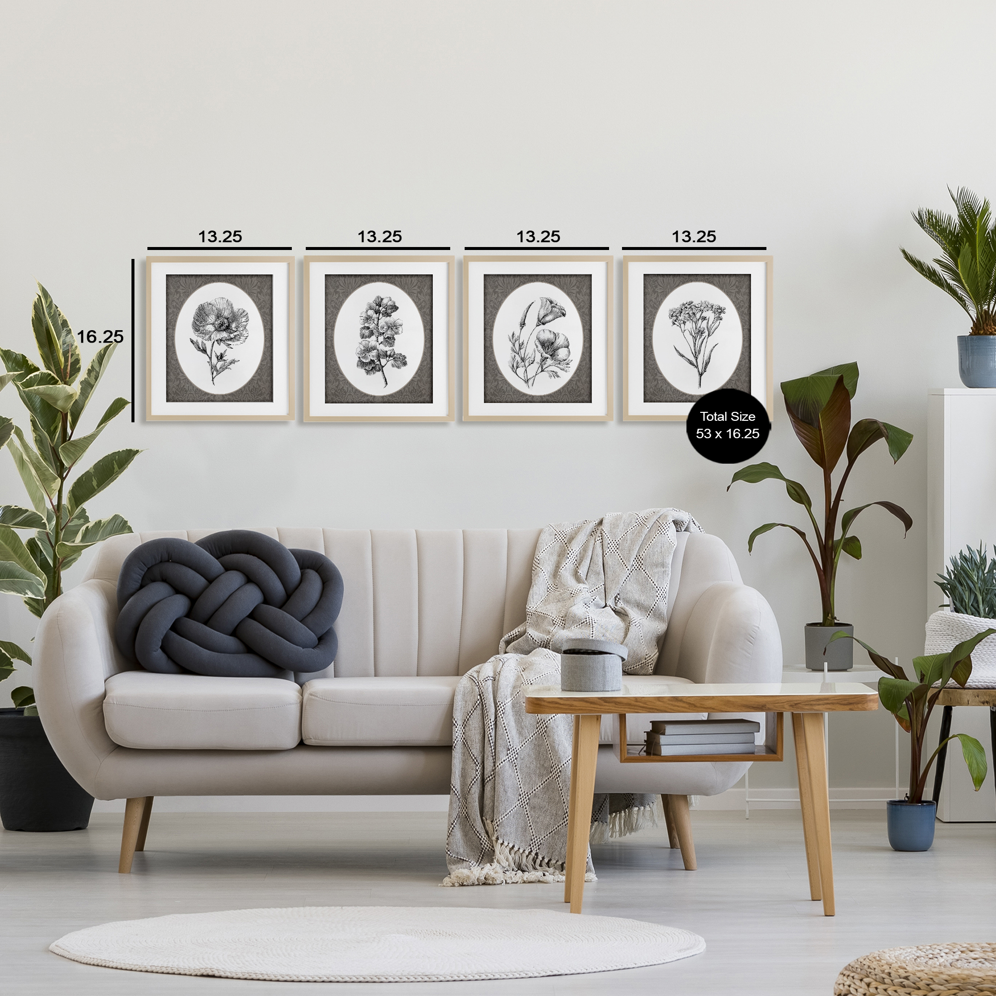 Ornate Blooms over Damask 4 Piece Birch Framed Print Under Glass Set, design by Lettered and Lined