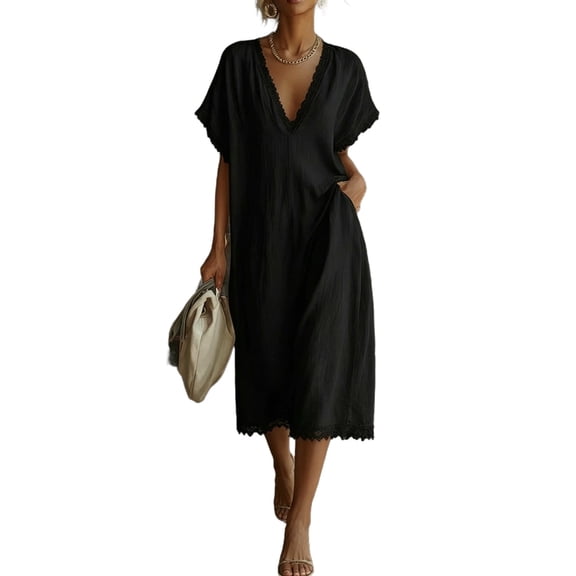 ZQUUVOU Sundresses for Women V Neck Short Sleeve Lace Trim Loose Midi Dresses with Pockets Long Casual Summer Dress Black