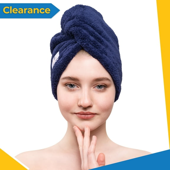 American Soft Linen Hair Drying Towel, Turban Towel Wrap, Absorbent and Soft Head Towel Cap with Button-Navy Blue (1 piece)