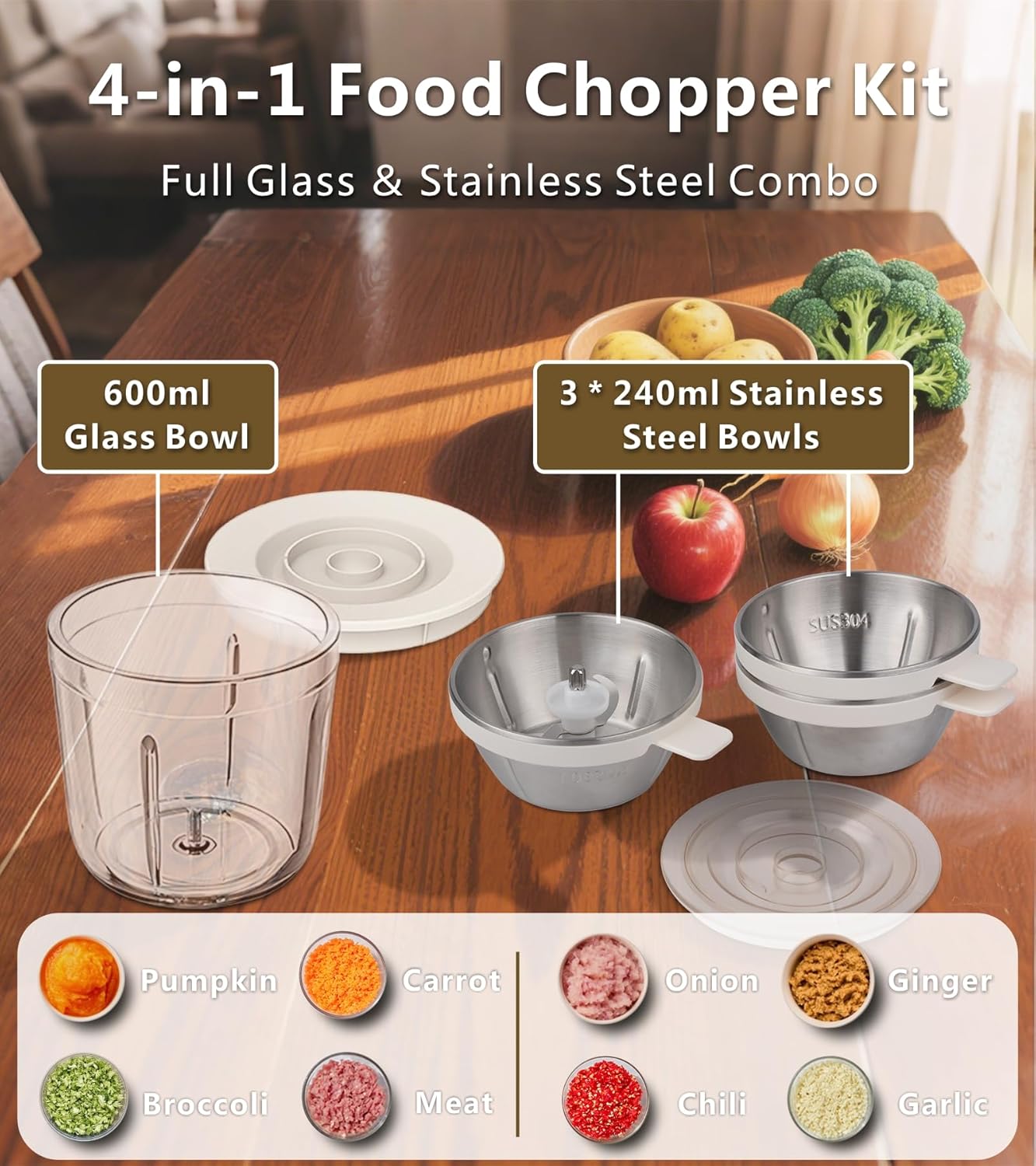 4-in-1 Cordless Food Processor with Glass Bowl and Stainless Steel Containers, USB-C Rechargeable Mini Meat Vegetable Chopper for Kitchen, RV, Camping
