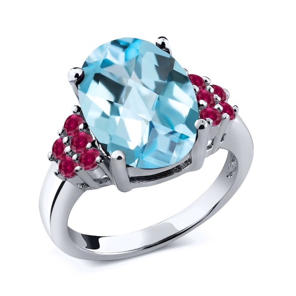 Gem Stone King 7.70 Ct Oval Checkerboard Sky Blue Topaz Red Created Ruby 925 Sterling Silver Ring (Size 5)