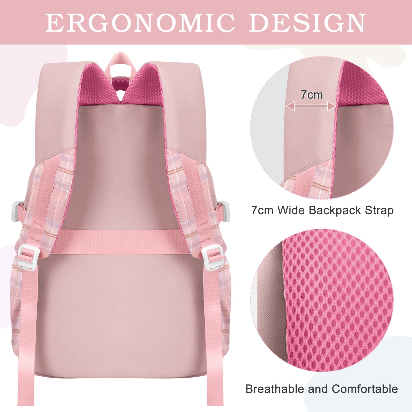 DAKIMOE Pink School Backpack for School, Travel, Work, Large Capacity Waterproof Bookbag with 7 Compartments and Luggage Belt