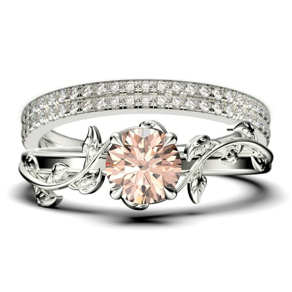 Vine Leaf Ring, Boho & hippie 2.00 Carat Round Cut Morganite And Diamond Moissanite Engagement Ring, Wedding Ring in 925 Sterling Silver With 18k White Gold Plating, Gift, Trio Set, Matching Band