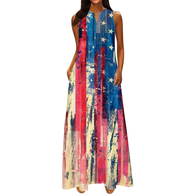 Robe d'Été Bohème Mode Femme Décontractée Col en V Impression Jour de l'Indépendance Robes d'Été Sans Manches Robe Chandail Robe Femme en Liquidation