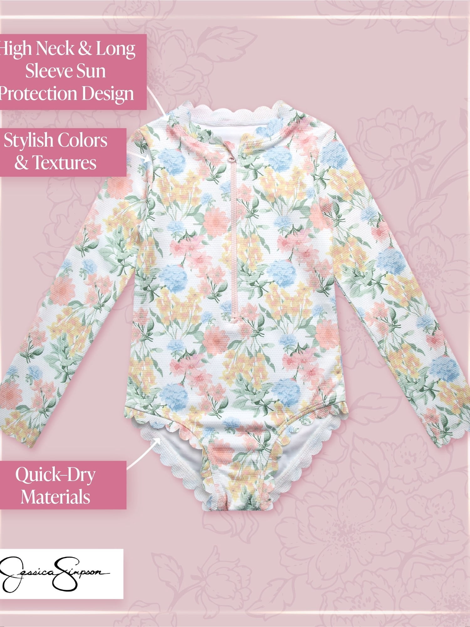 Jessica Simpson Girls' Long Sleeve Rashguard One-piece Swimsuit, Sizes 4-16