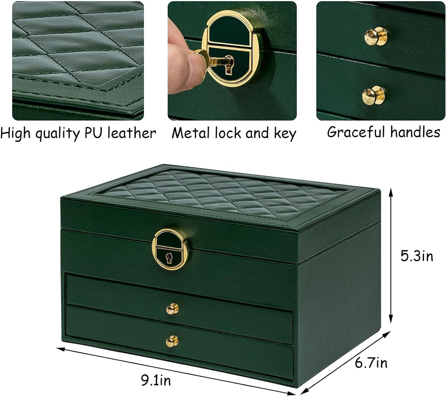 Womens Gifts for Christmas,Jewelry Box for Women,Large Jewelry Organizers and Storage,3 Layer Jewelry Box with Lock with Removable Tray for Necklaces Earrings Bracelets Rings Watches - Green