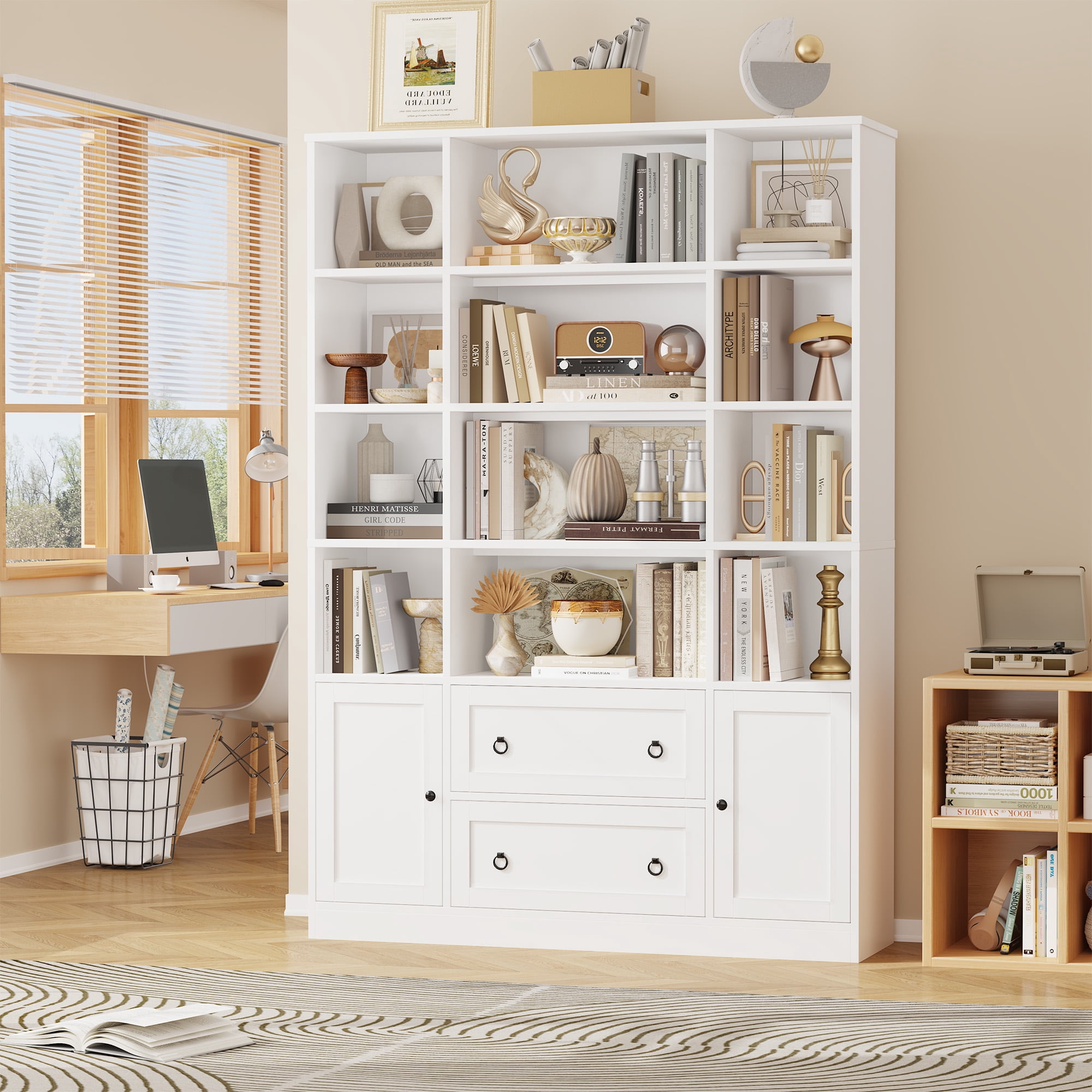 Homfa 71″ Tall Bookcases with Storage Drawers & Doors, 12 Cubes 4-Tier Triple Row Bookshelf, White Bookcase for Living Room Home Office