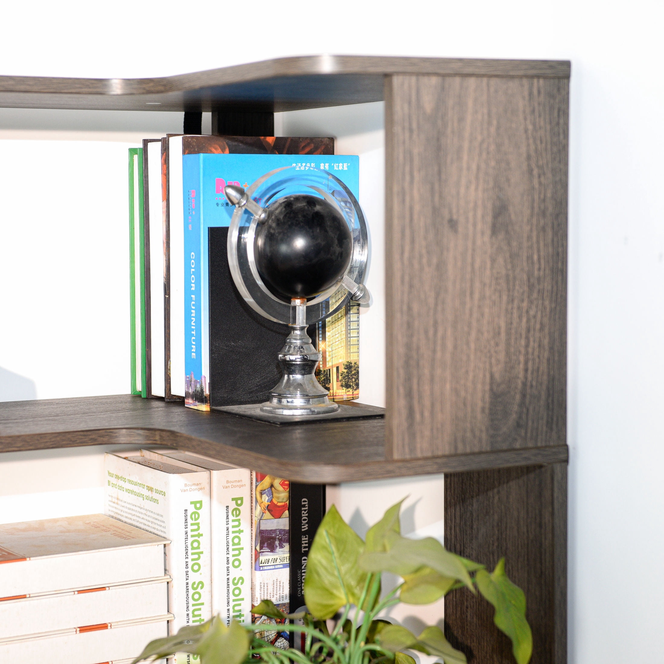 GDF Studio Derwin 5-Tier Corner Bookshelf, L-Shaped Wooden Bookcase for Living Room, Home Office, Dark Brown
