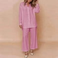 thumbnail image 5 of Cagogo Women's 2 Piece Long Sleeve Shirt Wide Leg Pants Set Casual Lounge Outfits Solid Collared Top Matching Lounge Set Airport Travel Clothes, Pink XL, 5 of 6