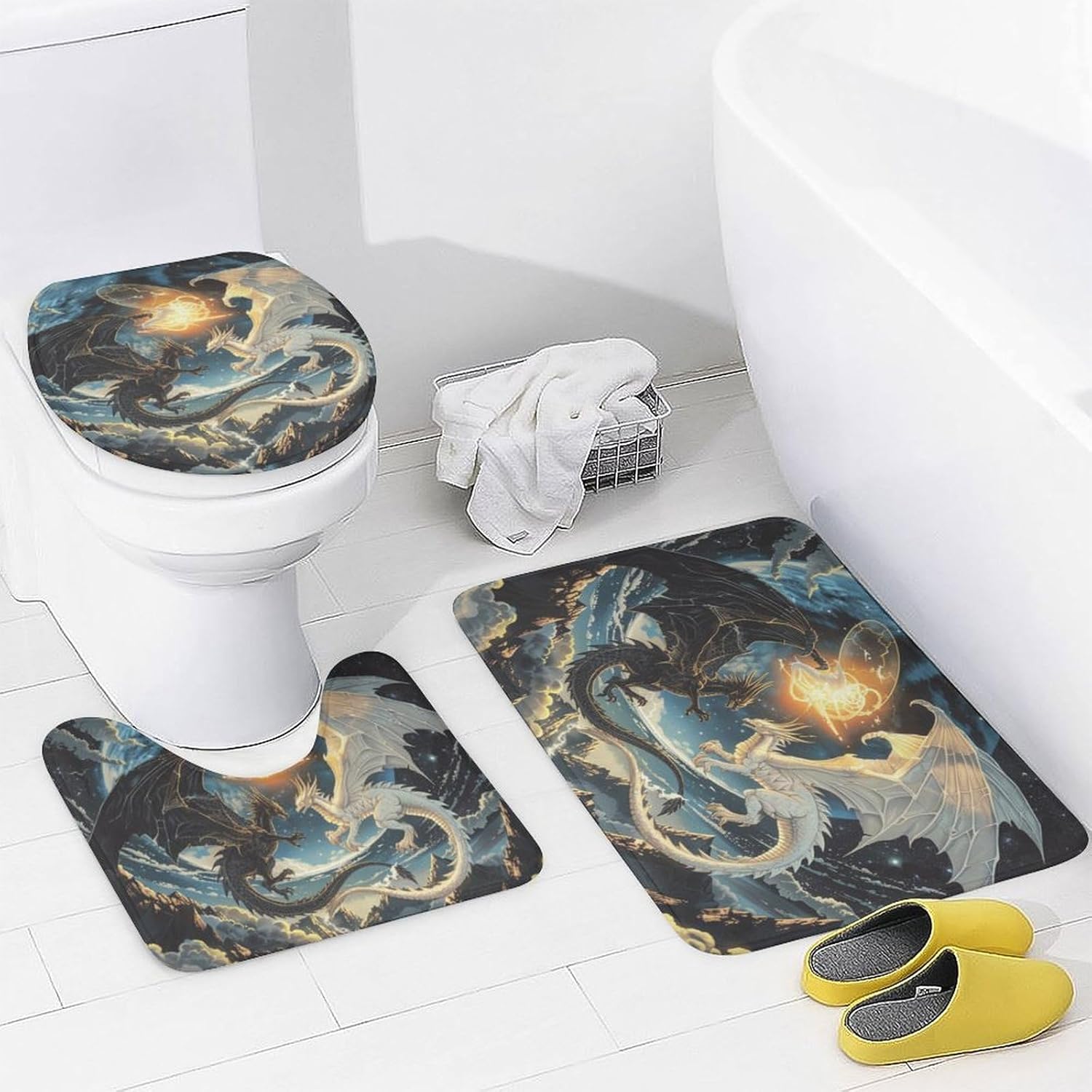 4Pcs Mystical Dragon Shower Curtain Sets, Bathroom Decor Set with Rugs, Bath Mat Retro Mountain Galaxy Fantasy Animal Shower Curtain, 72 X 72 Inch