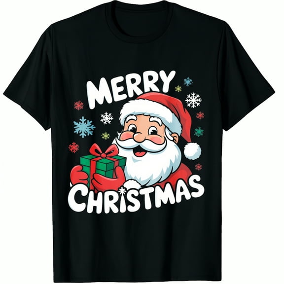 Christmas Santa Claus Merry Snowflakes Gift Print Holiday Party Wear Black Graphic T-Shirt for Men and Women