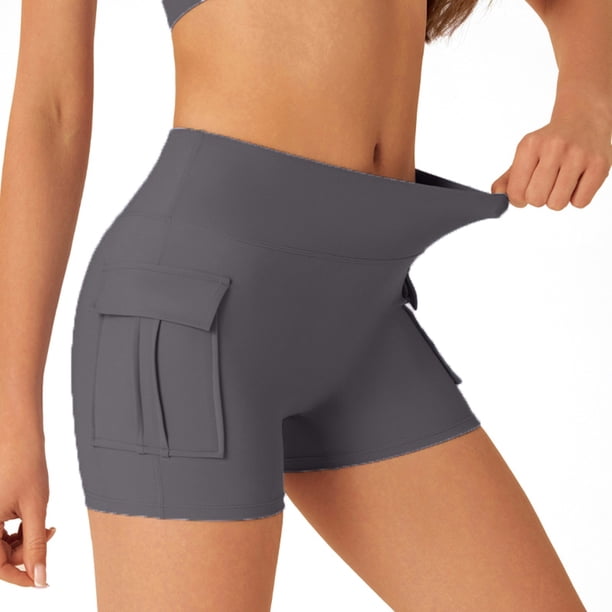Pantalones cortos deportivos de moda para mujer, de color liso, cintura alta, que realzan las caderas, con bolsillos