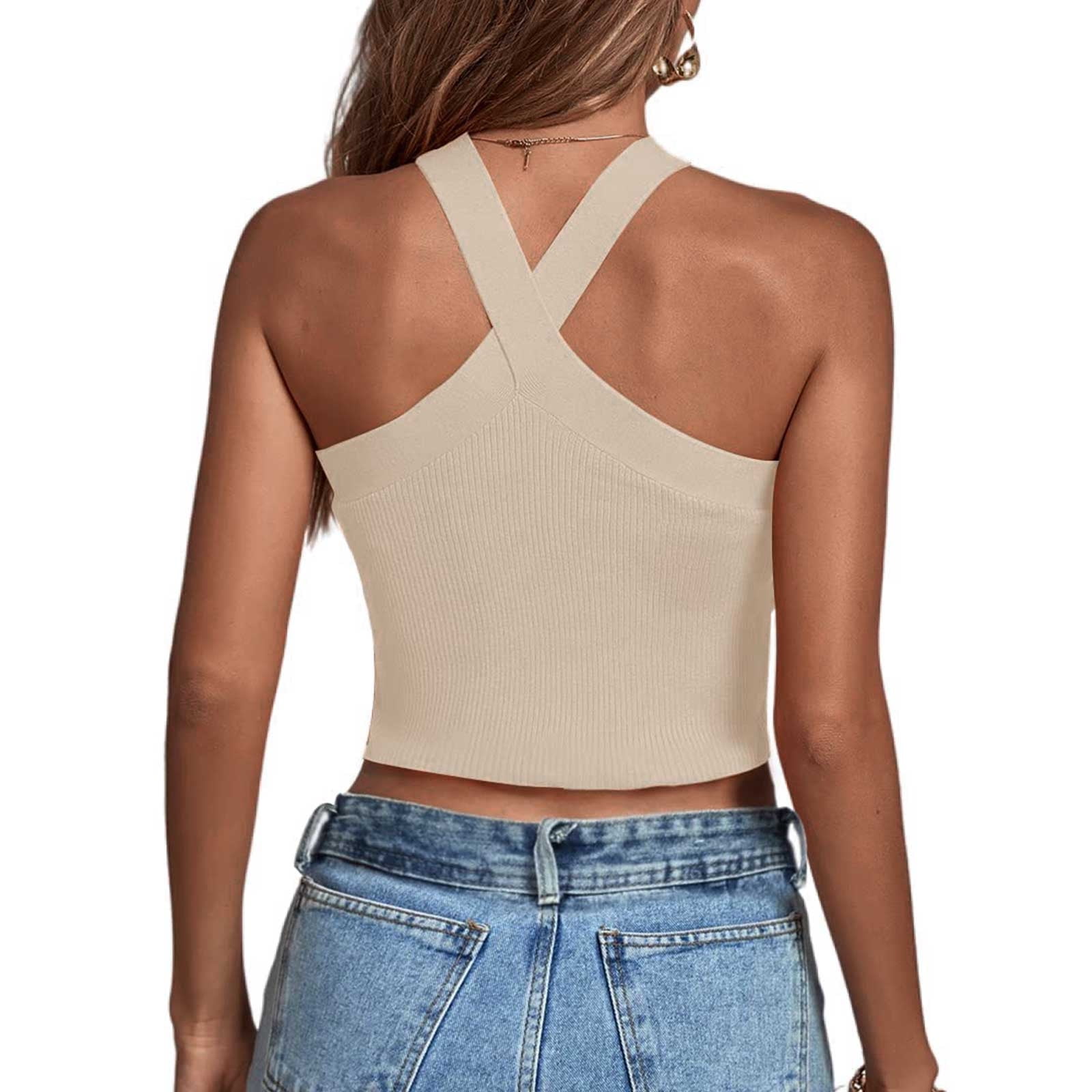 【Rosen Kreuz】CROP OVERFIT SET UP YYDGH Women's Criss Cross Halter Crop Top Ribbed Knit