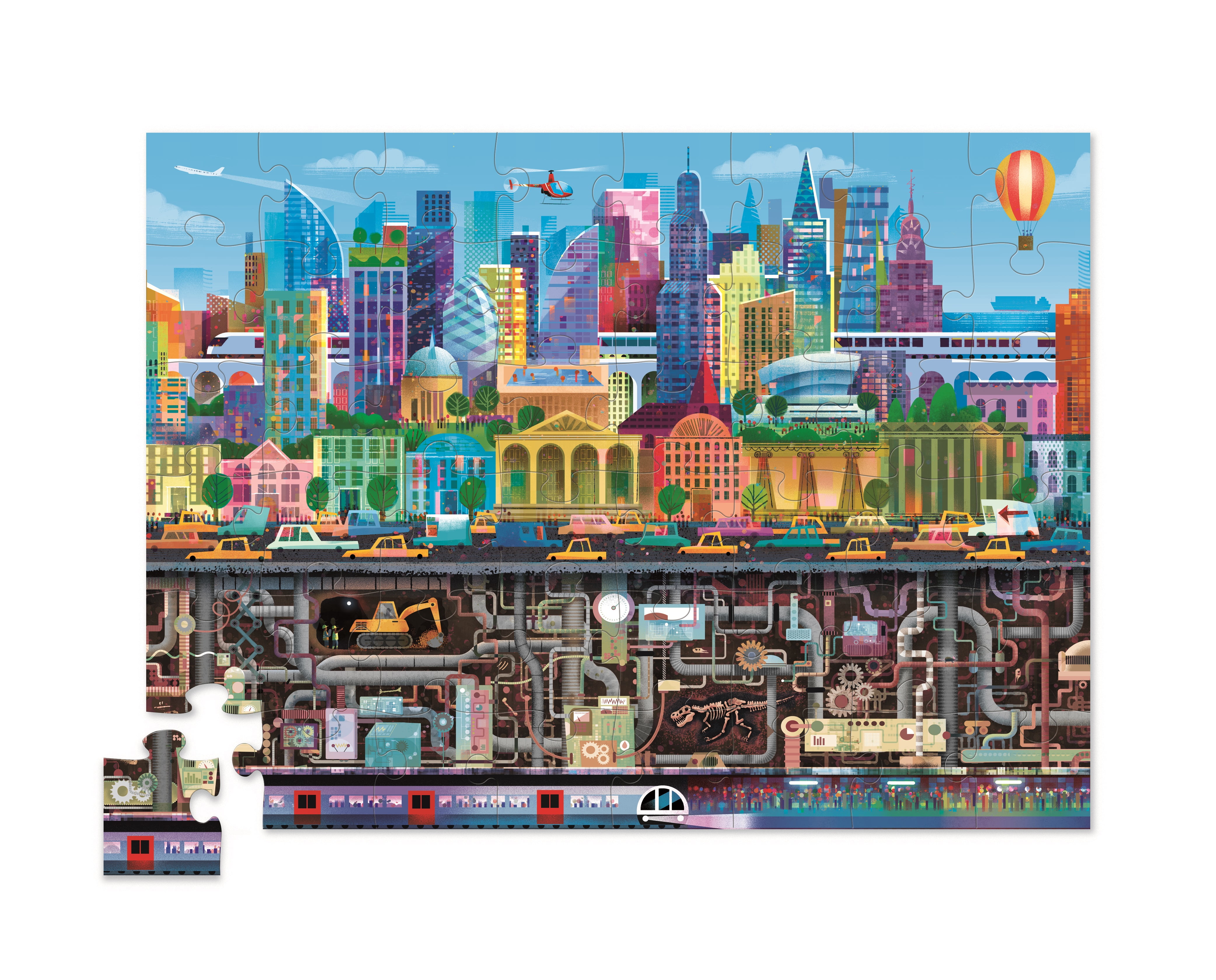 Crocodile Creek Above + Below 48-Piece Jigsaw Floor Puzzle - Fun Floor Puzzles for Kids Ages 4-8 - Heavy-Duty Shaped Box for Storage - Big City - 18 x 24 inches Finished