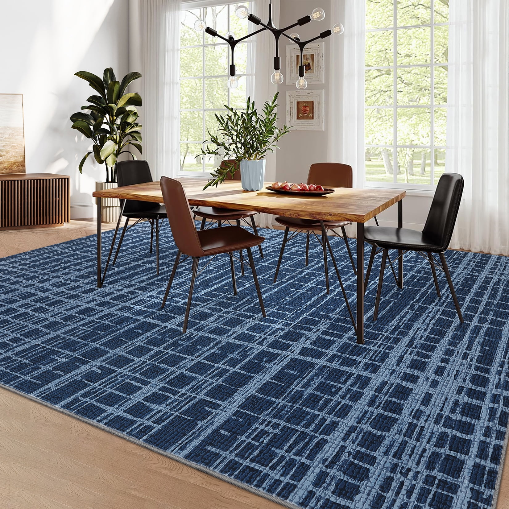 Hasoo Washable Large 10' x 13' Geometric Grid Area Rug for Living Room Soft Indoor Carpet, Blue