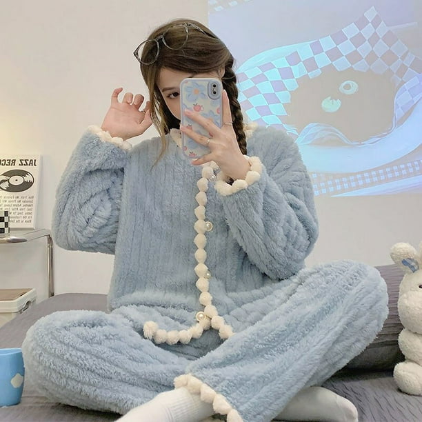 Ruffles Sleepwear Women Pajamas Set Winter Fleece Velvet 2 Piece Pant Home  Suit Sleep Fluffy Korean Piiama Solid Warm Night Wear
