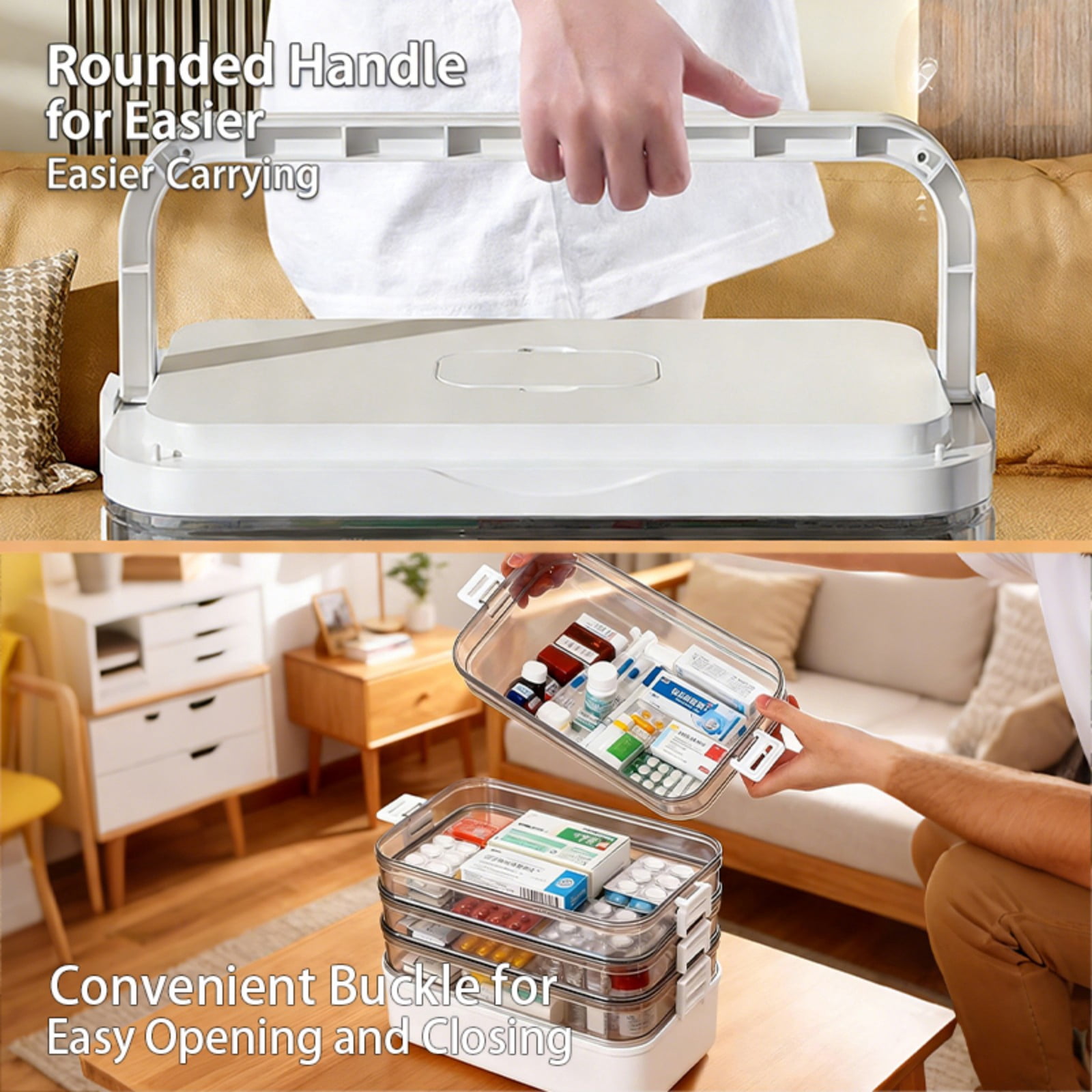 Asnews 5-Tier Large Medicine Organizer Box With Free Travel Pill Case – Portable First Aid Kit, Clear Medicine Storage With Handle & Secure Latch For Home (Extra Large Capacity)