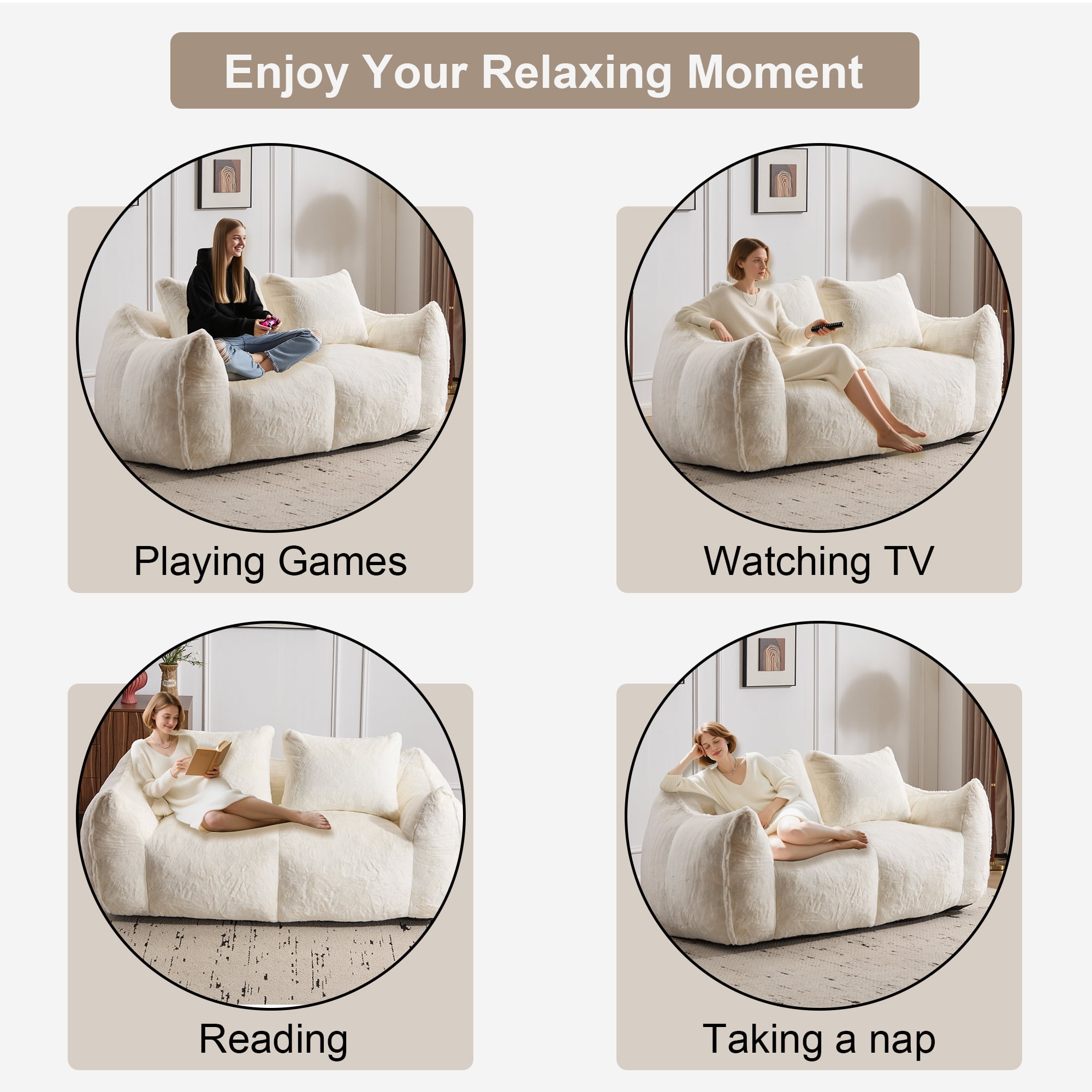 FFH Bean Bag Chair for Adults, 75" Oversized Loveseat Bean Bag Sofa with 2 Pillows, Lazy Sofa Reading Chaise Lounge Couch for Living Room, Bedroom, White