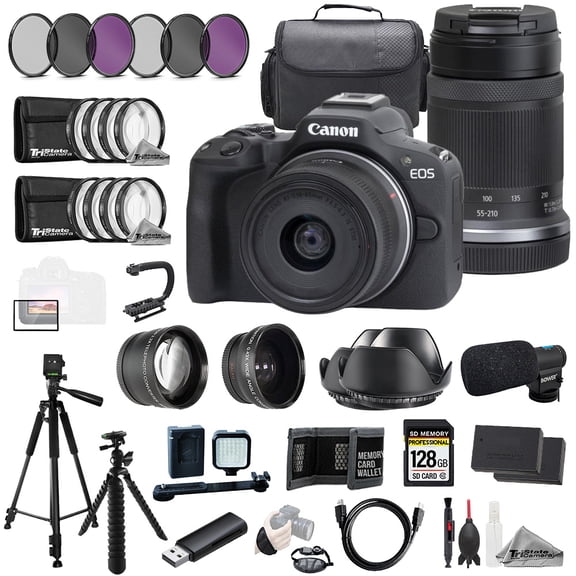 Canon EOS R50   18-45mm & 55-210mm Lenses (Black)   Mic  128GB   9 PC Filtr-MEGA Kit (International Version)