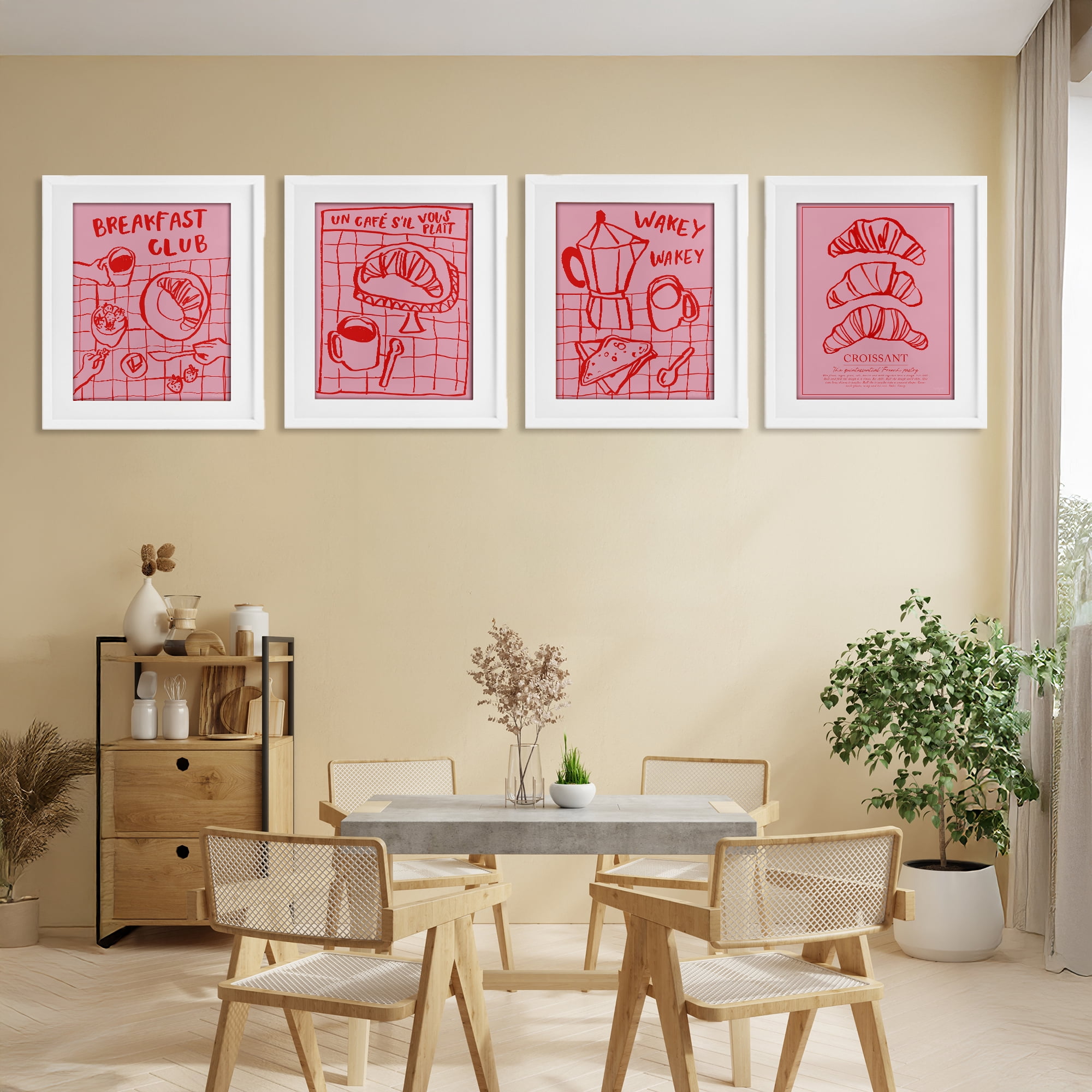 Stupell Industries Pink & Red Breakfast Doodles 4 Piece White Framed Print Under Glass Set, design by Jenaya Jackson