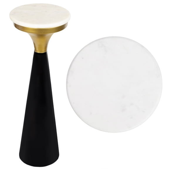 JONATHAN Y Oliver 22.25" Mid-Century Glam Retro Metal Drink Table and Decorative End Table with White Marble Round Top, Black/White/Gold, END1009B