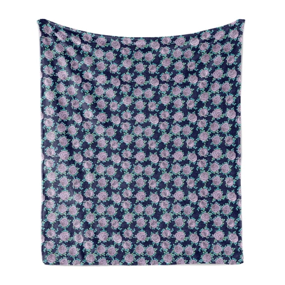 Rose Soft Flannel Fleece Blanket, Romantic Rose Flower Blossoms Illustration with Blue Leaves Feminine Ornament, Cozy Plush for Indoor and Outdoor Use, 50" x 60", Indigo Aqua Lilac, by Ambesonne