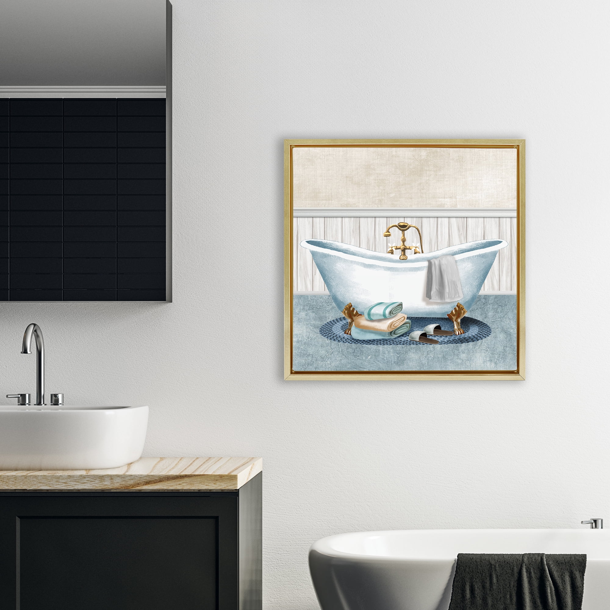 Stupell Industries Cozy Spa Bathtub & Slippers Gold Framed Floater Canvas Wall Art, design by Conrad Knutsen