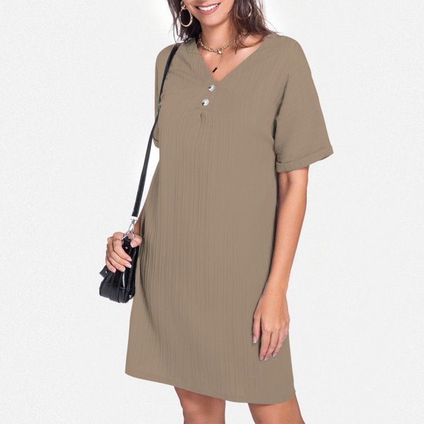 WILLBEST Vestidos Floreados Para Mujer Cuello En V Color Sólido 2025 Cómodo Casual Vestido Con Botones