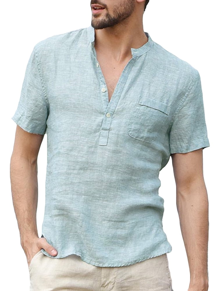 Summer Vintage Short Sleeve for Men Solid Beach Linen Fishing Tees Retro T Shirts Blouse Collar Plain Summer Blouses