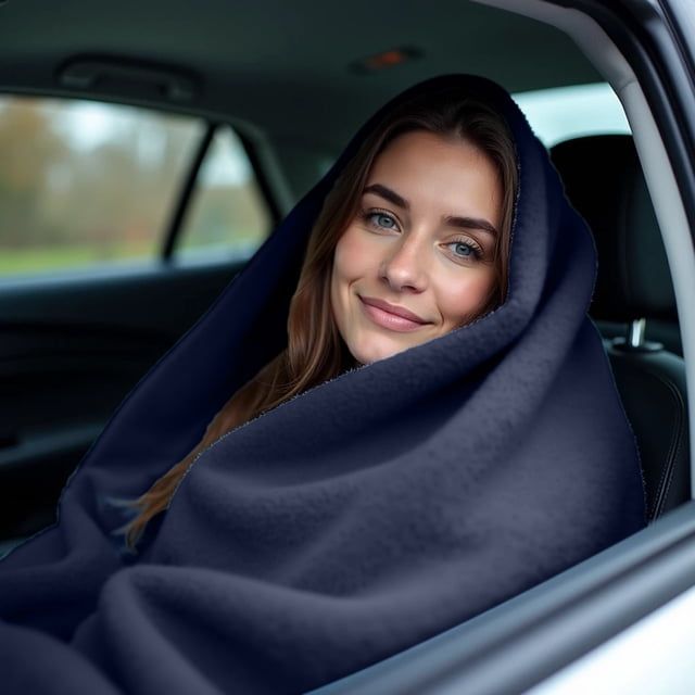 Riforla 12V Car Heated Blanket 3 Temp Settings Solid Color 150x110cm Warming Throw for Vehicles Navy