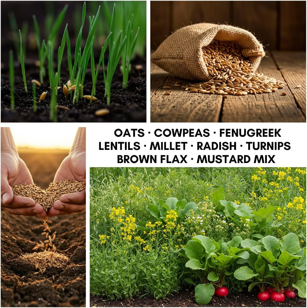 9 Seed No-Till Cover Crop Mix - Non-GMO Seeds - Boosts Soil Health - 5 lb Blend with Oats, Cowpeas, Lentils, Millet, Radish, Flax, Turnips, Mustard & Fenugreek (5 Pounds)