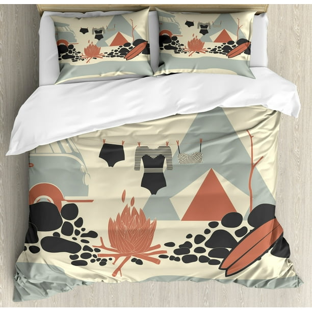 Camper King Size Duvet Cover Set, Tent Fire and Hippie Van in