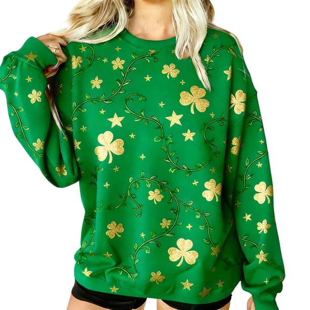 Crew Cuello Sudadera de Manga Larga de las Mujeres de San Patricio Día de Impresión Suéter, San Patricio Día Festivo Shamrock Top