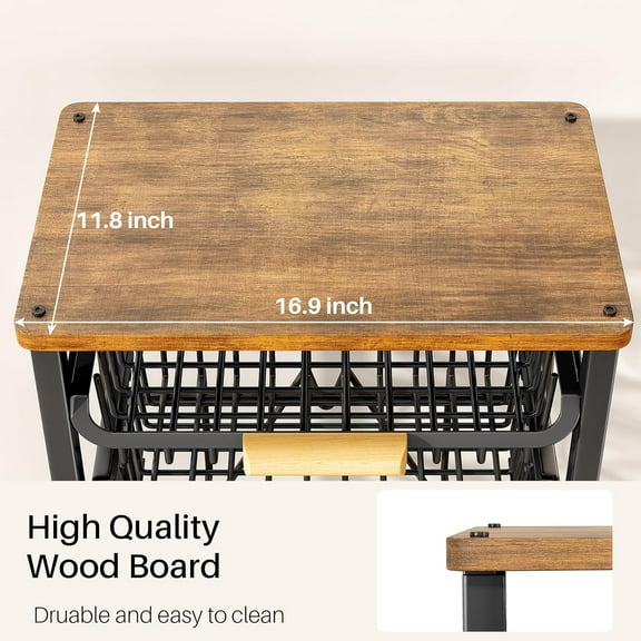 5 Tier Large Pull-Out Wire Basket with Wood Top and Wheels for Kitchen Pantry Organizers, Black