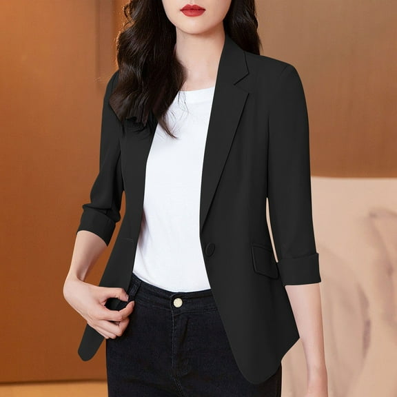 Abomasnow Women's Ruched 3/4 Sleeve Blazers, Lightweight Slim Fit Jackets with Padded Shoulder for Business Casual