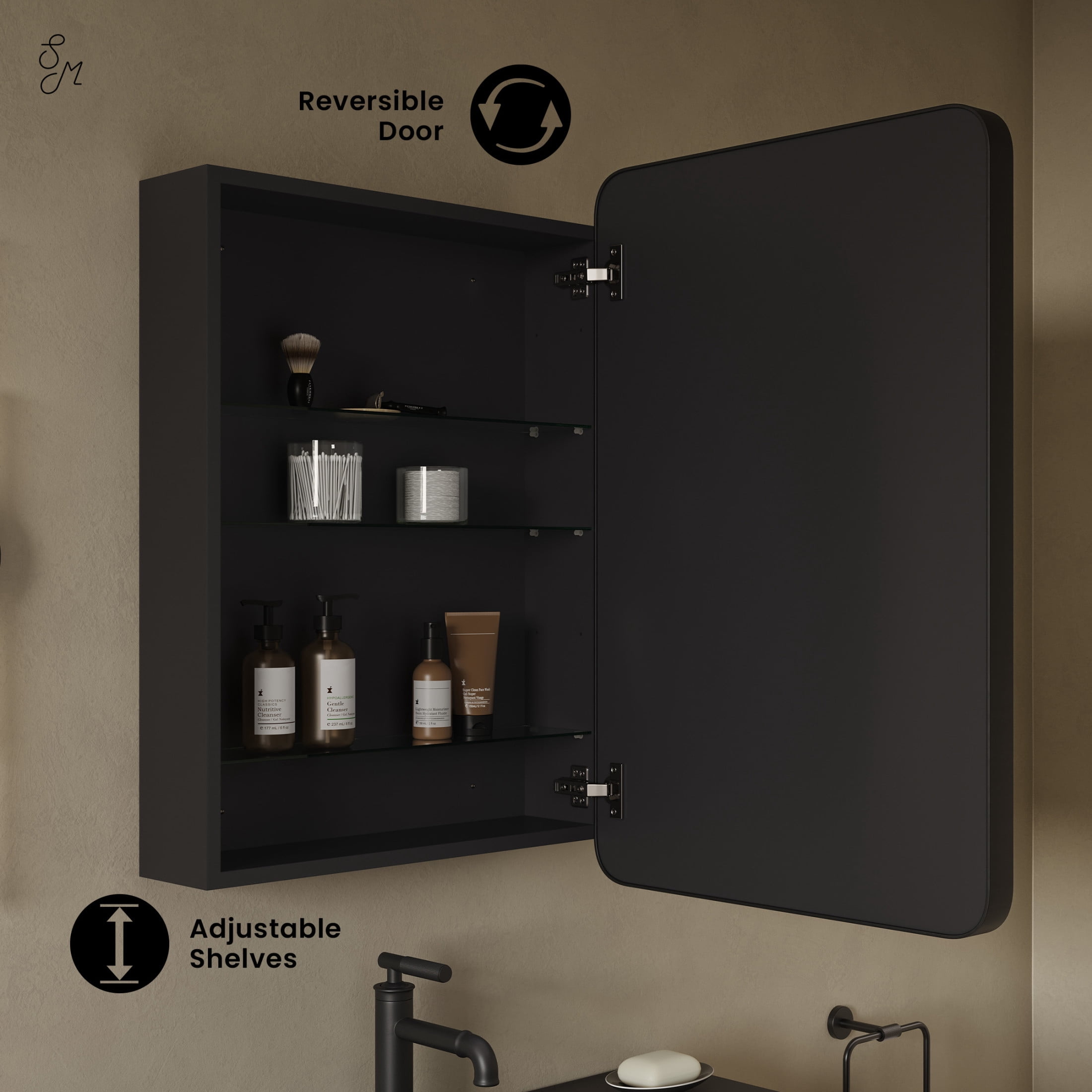 Pierre 20 x 30 Rectangle Recessed/Wall Mount Medicine Cabinet with Mirror in Matte Black
