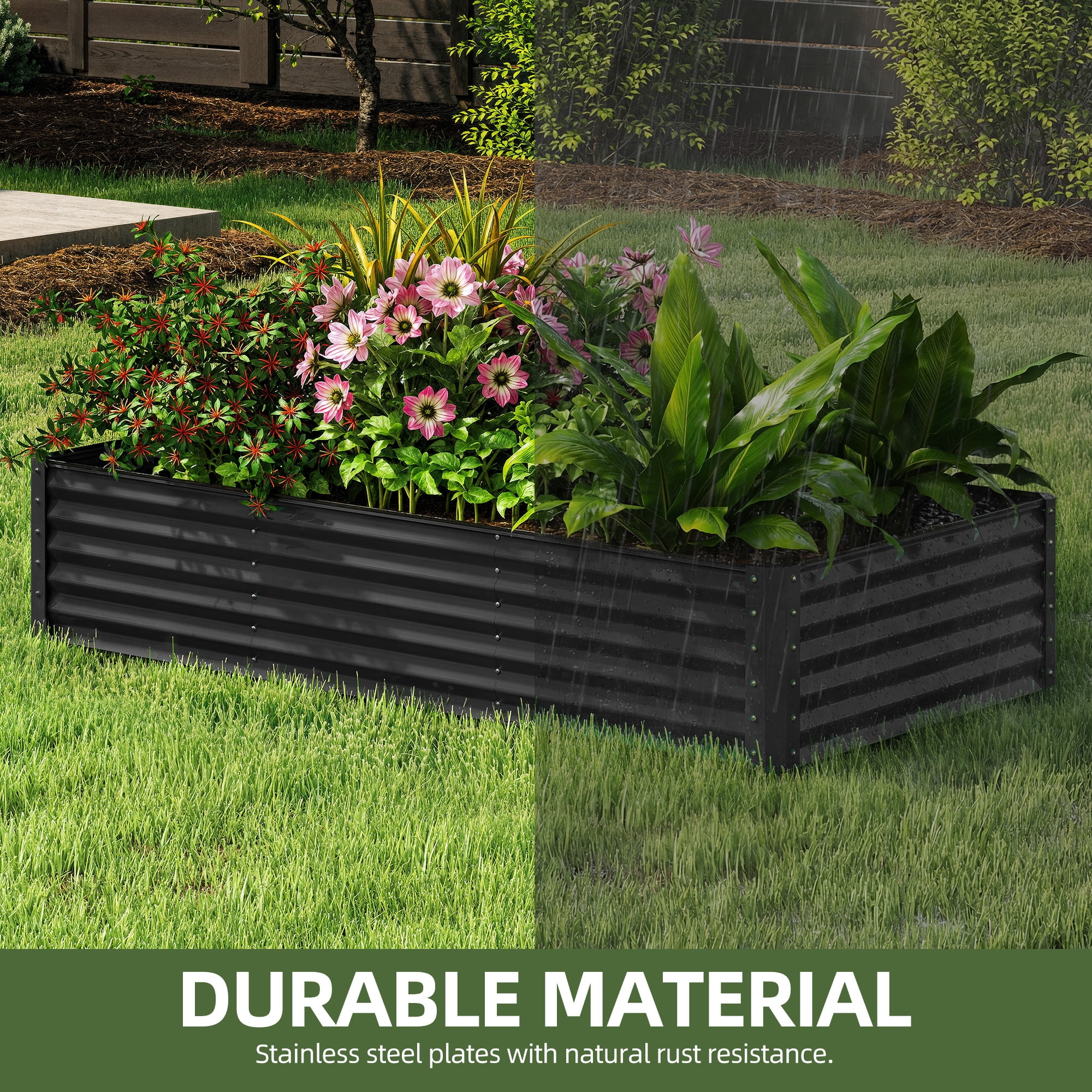 Uforic 8x4x1.5ft Galvanized Metal Raised Garden Bed, Outdoor Planter Box with Safety Rubber & Gloves for Vegetables Flowers, Black