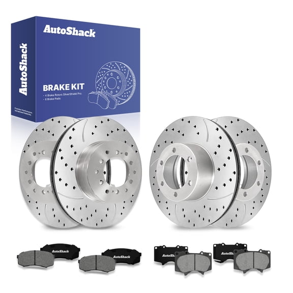 AutoShack Front & Rear Brake Rotors & Premium Pads for Toyota, Sequoia 2001-2007, 4WD RWD V8 4.7L - Silver Zinc Coated Drilled & Slotted - SilverShield Pro