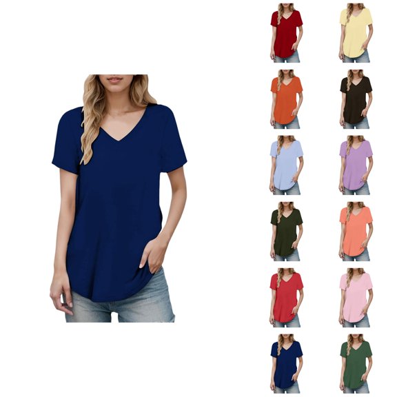 Long T Shirts for Women Short Sleeve Summer Tops V Neck Plain Loose Casual Blouse Tunic Tops Tee Shirt