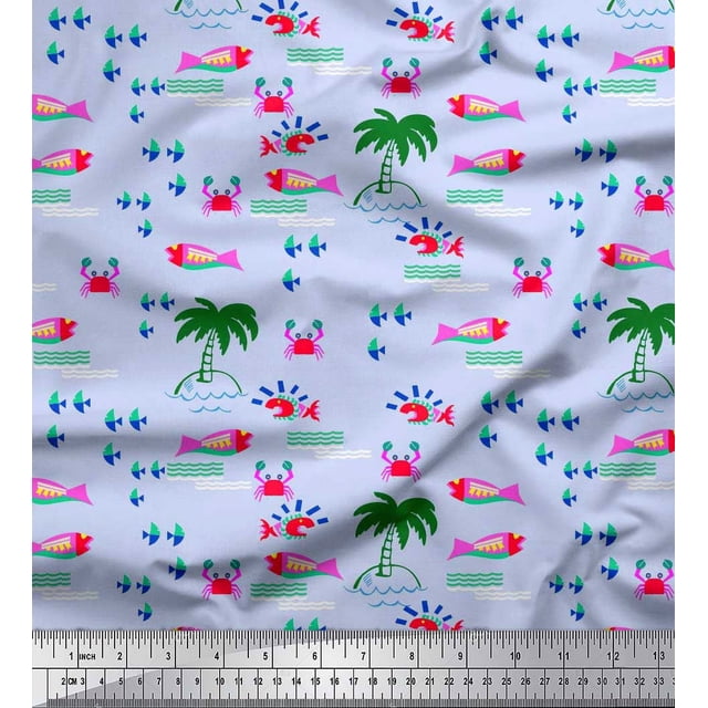 Soimoi Blue polyester Crepe Fabric Palm Tree,Crab & Fish Ocean Printed Fabric 1 Yard 52 Inch Wide