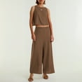 thumbnail image 4 of Women's Solid Color Linen 2 Piece Set Sleeveless Crop Top With Buttons And Wide Leg Pants Capri Pants For Women Petite, 4 of 8