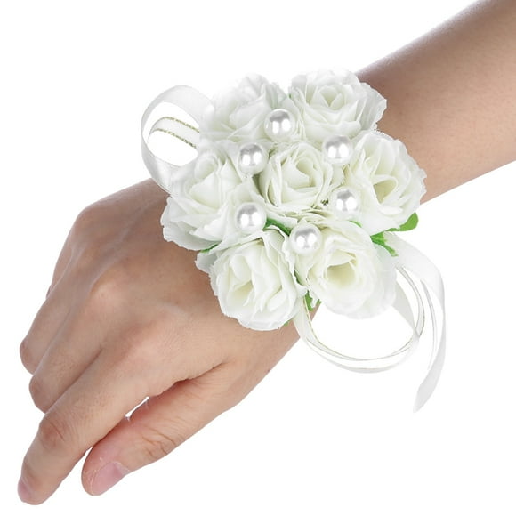 Roberee Fleur à la Main -2pc Belle Fleur à la Main Demoiselle d'honneur Poignet Corsage décorations de Mariage Perle Satin(Ivoire)