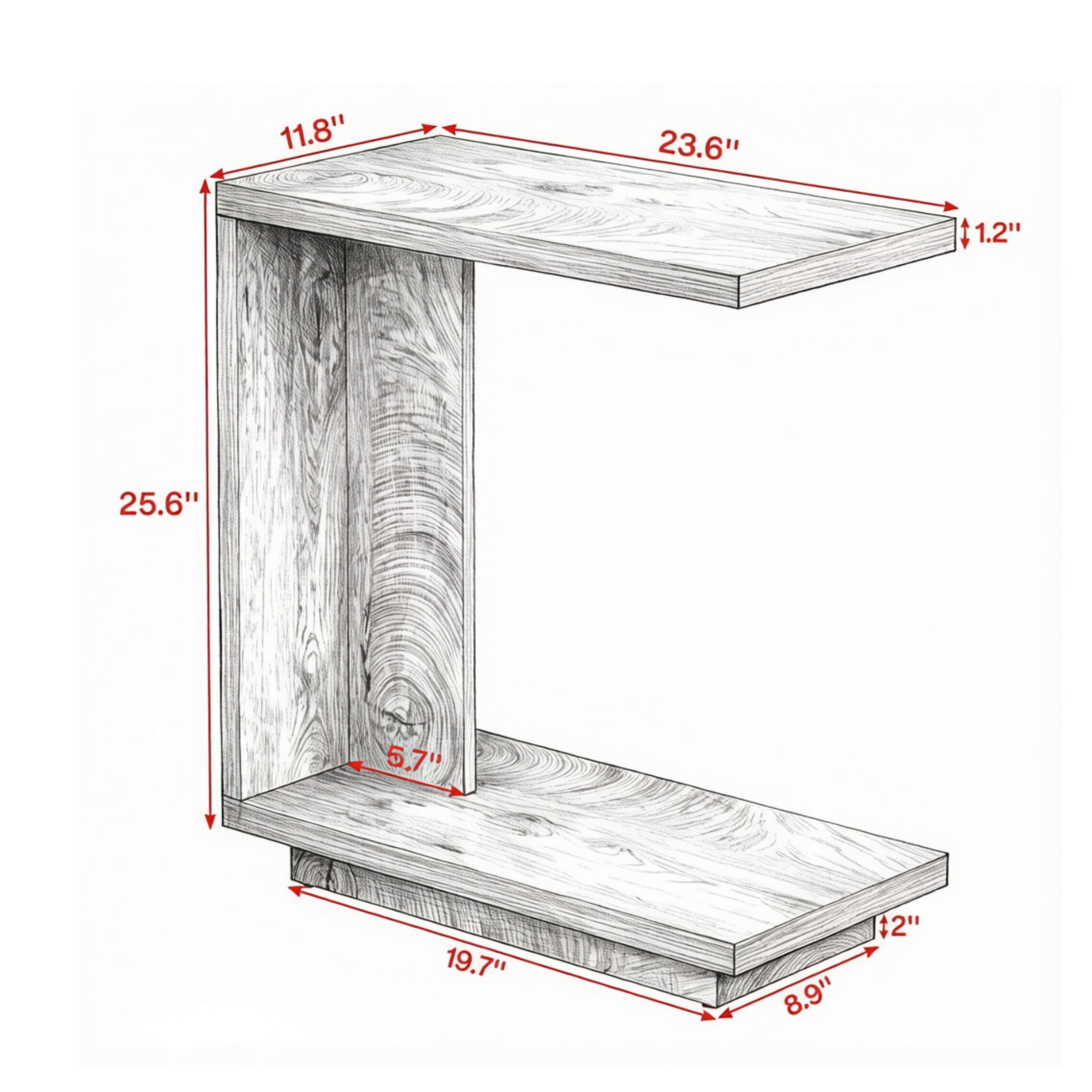 End Table, C-Shaped Side Table with 2 Open Shelves
